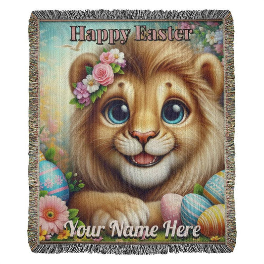 Lion With Easter Eggs- Easter Gift-Christian Gift-Personalized Heirloom Woven Blanket