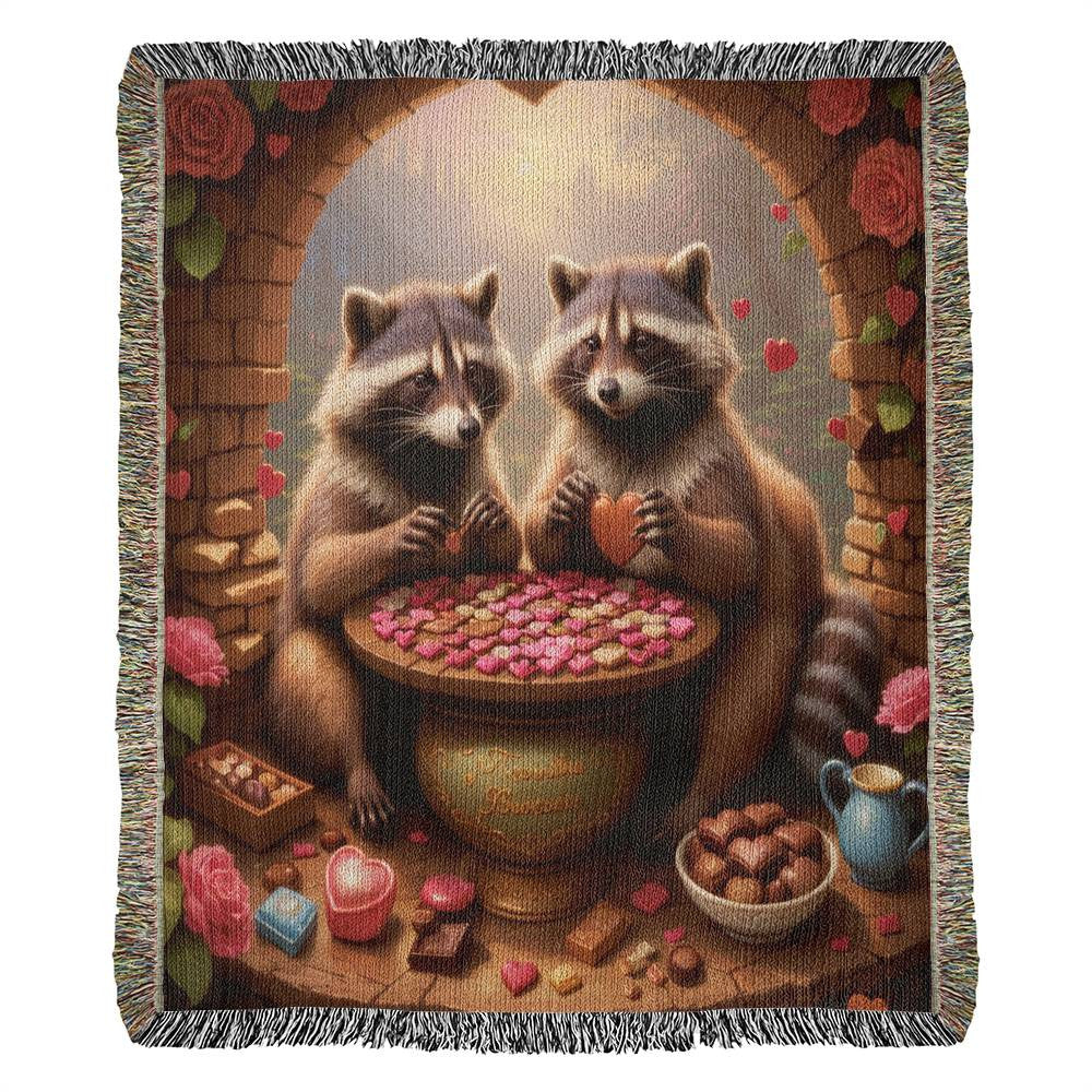 Racoons Share Heart Candy - Valentine's Day Gift - Heirloom Woven Blanket