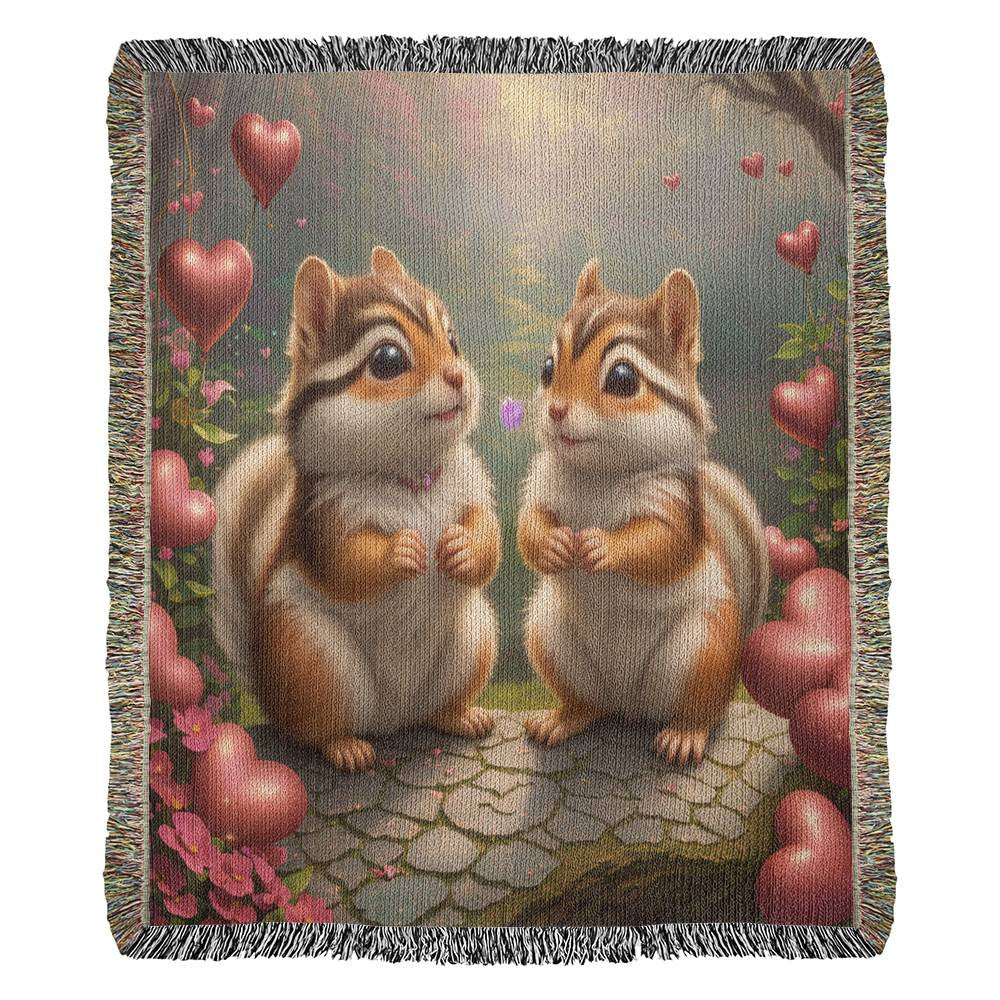 Chipmunks With Heart Balloons - Valentine's Day Gift - Heirloom Woven Blanket
