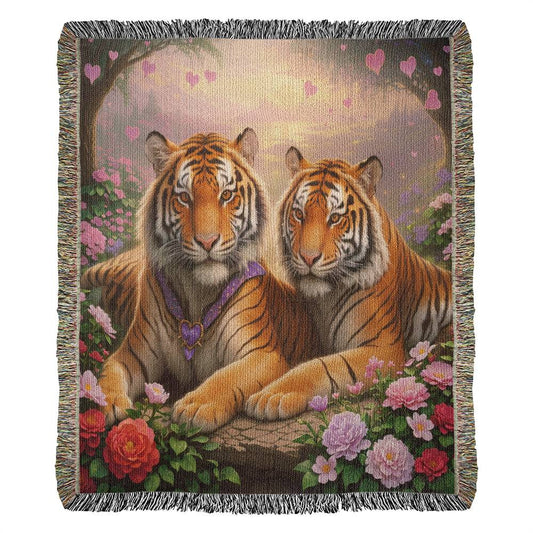 Tigers With Pink And Red Roses - Valentine's Day Gift - Heirloom Woven Blanket