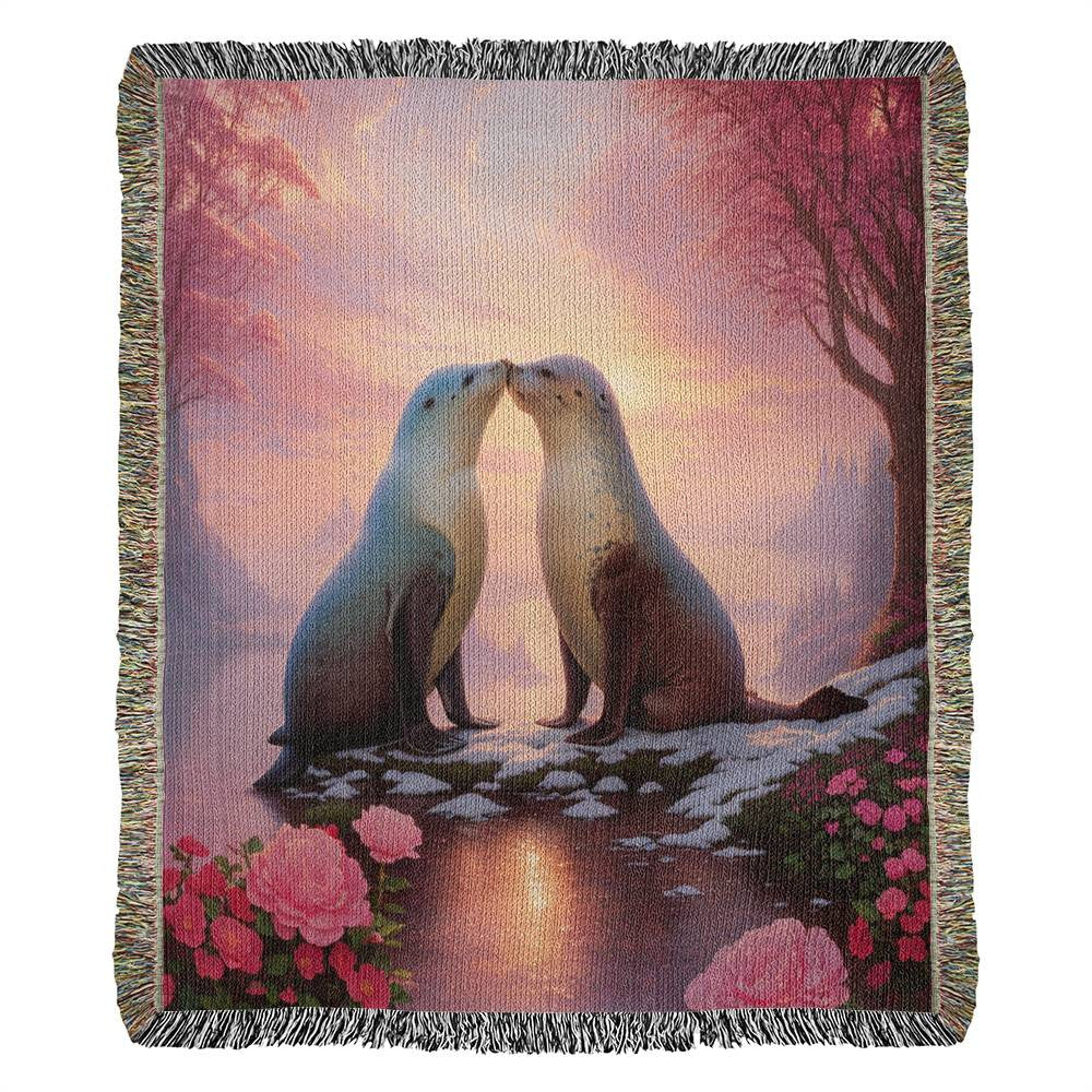 Seals Share A Kiss Near Roses - Valentine's Day Gift - Heirloom Woven Blanket
