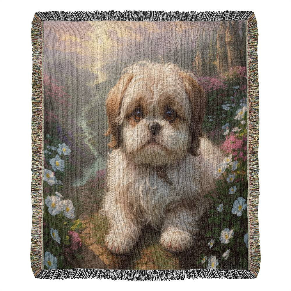 Puppy And Flowers - Heirloom Woven Blanket