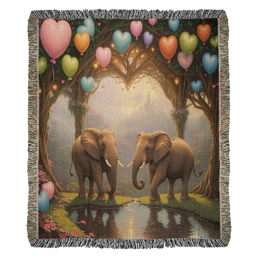 Elephants and Heart Balloons - Valentine's Day Gift - Heirloom Woven Blanket