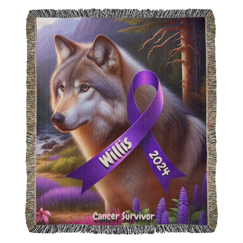 Wolf With Ribbon-Cancer Survivor- Purple Ribbon-Personalized Heirloom Woven Blanket