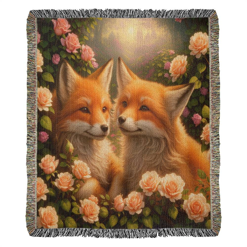 Foxes In A Rose Garden - Valentine's Day Gift - Heirloom Woven Blanket