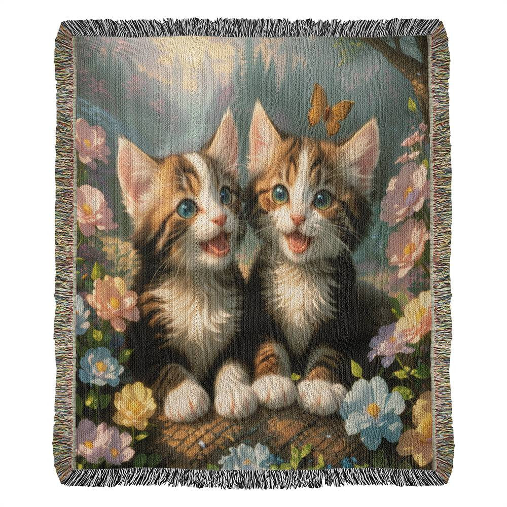 Adorable Kittens In A Flower Garden - Heirloom Woven Blanket