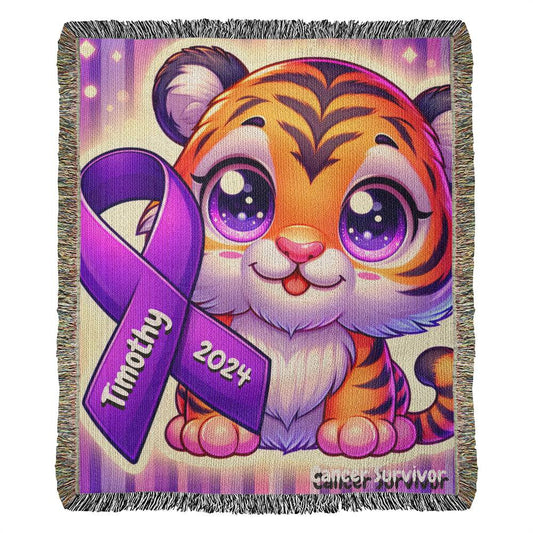 Tiger-Cancer Survivor- Purple Ribbon-Personalized Heirloom Woven Blanket