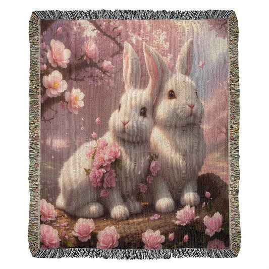 Bunnies Pink Roses - Valentine's Day Gift - Heirloom Woven Blanket