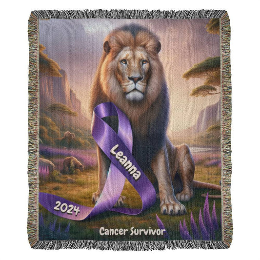 Lion With Ribbon-Cancer Survivor- Purple Ribbon-Personalized Heirloom Woven Blanket