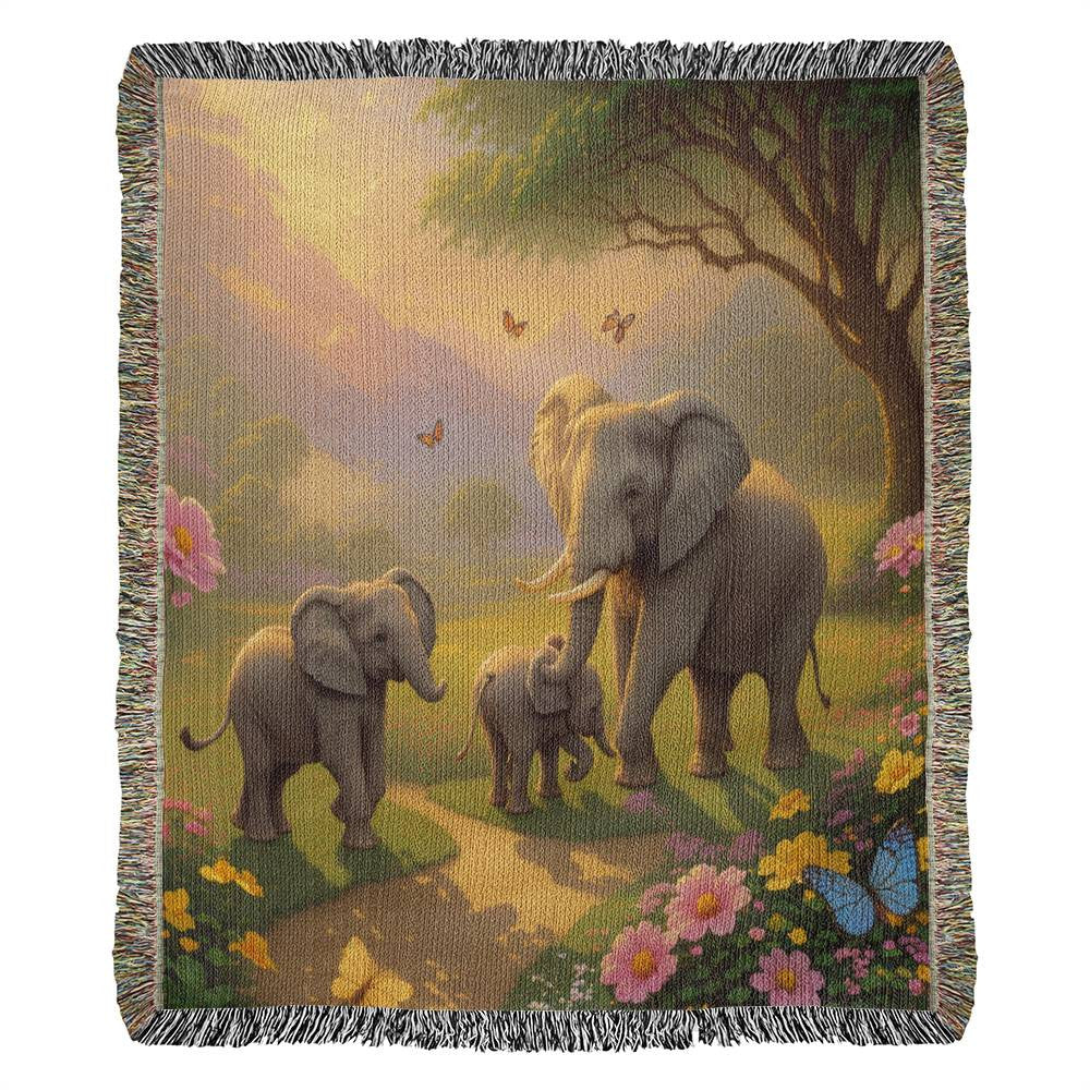 Family Of Elephants In A Garden - Heirloom Woven Blanket