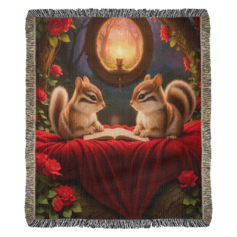 Chimpmunks Share Read A Book Together Under Candle Light - Valentine's Day Gift - Heirloom Woven Blanket