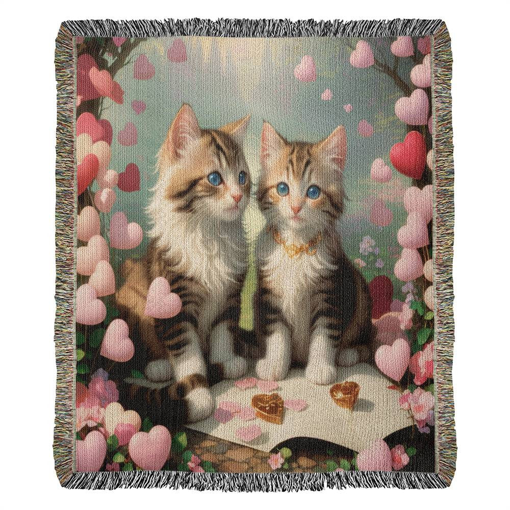 Kittens And Pink Hearts - Valentine's Day Gift - Heirloom Woven Blanket