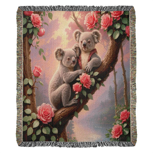 Koalas In Tree With Roses - Valentine's Day Gift - Heirloom Woven Blanket
