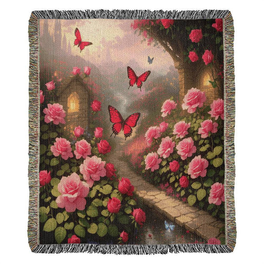 Butterflies In Pink And Red Rose Garden - Valentine's Day Gift - Heirloom Woven Blanket