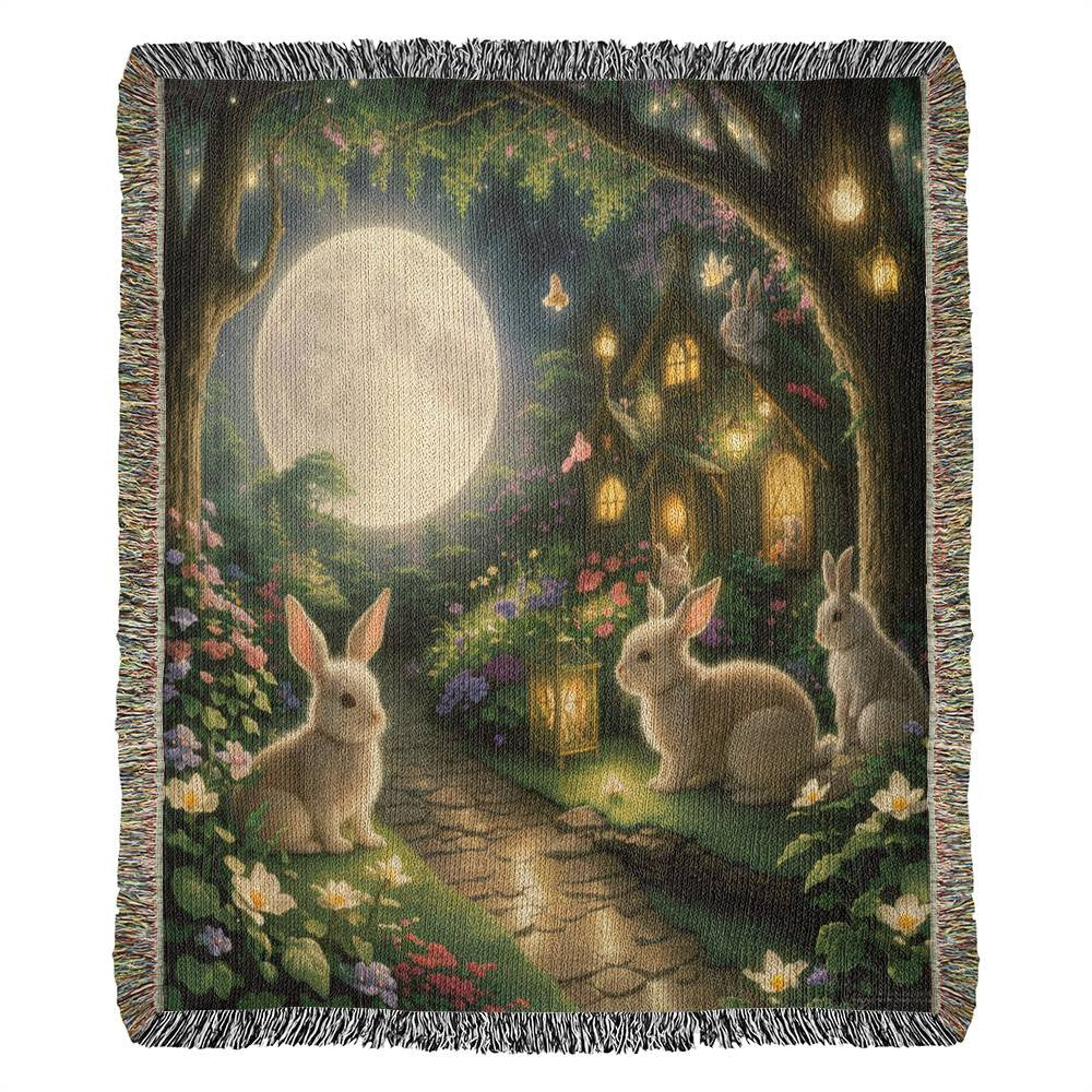 Bunnies Under A Full Moon In Garden - Heirloom Woven Blanket
