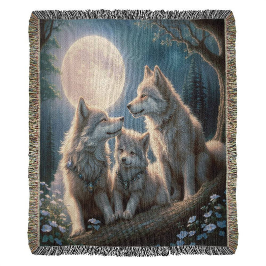 Family Of Wolves Under A Full Moon - Heirloom Woven Blanket