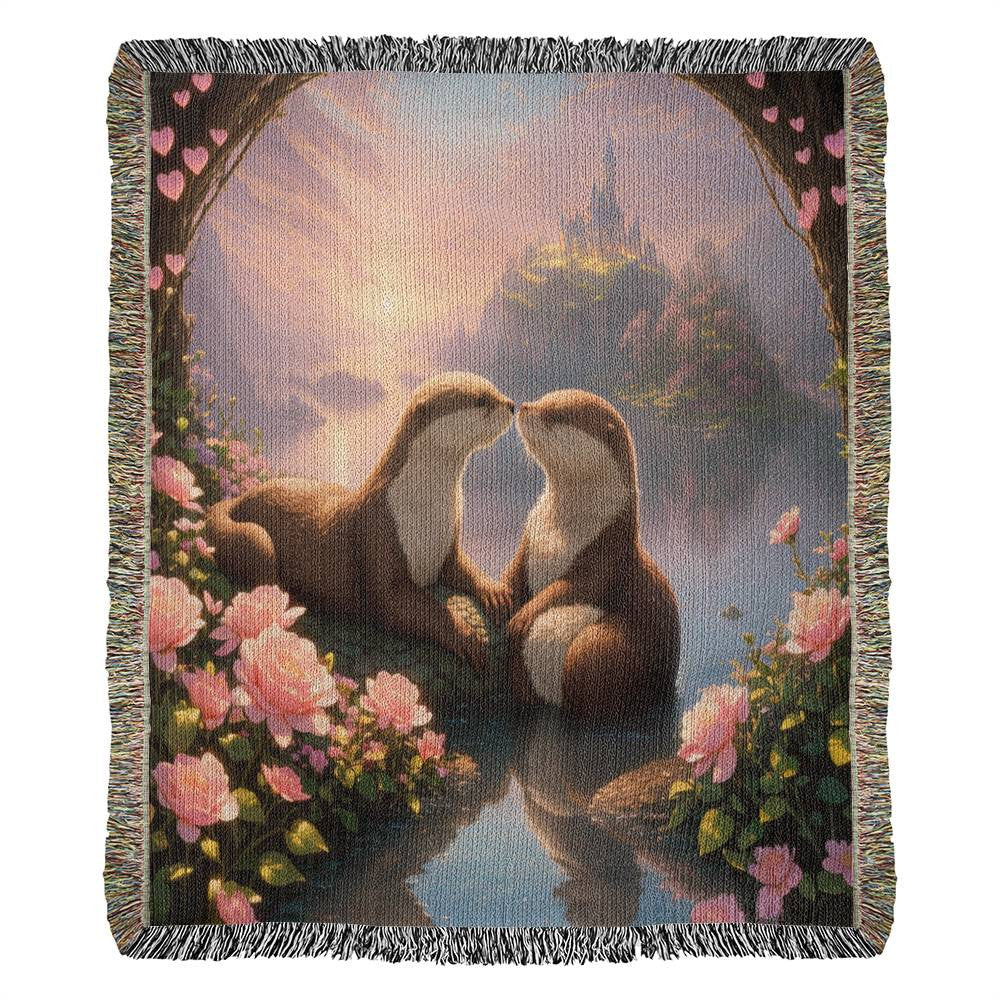 Otters Share A Kiss Near Pink Roses - Valentine's Day Gift - Heirloom Woven Blanket