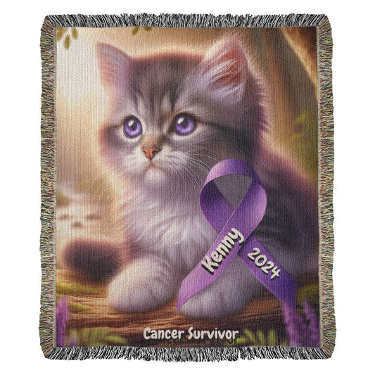 Kitten With Ribbon-Cancer Survivor- Purple Ribbon-Personalized Heirloom Woven Blanket