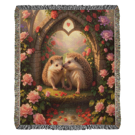 Hedgehog In A Rose Garden - Valentine's Day Gift - Heirloom Woven Blanket