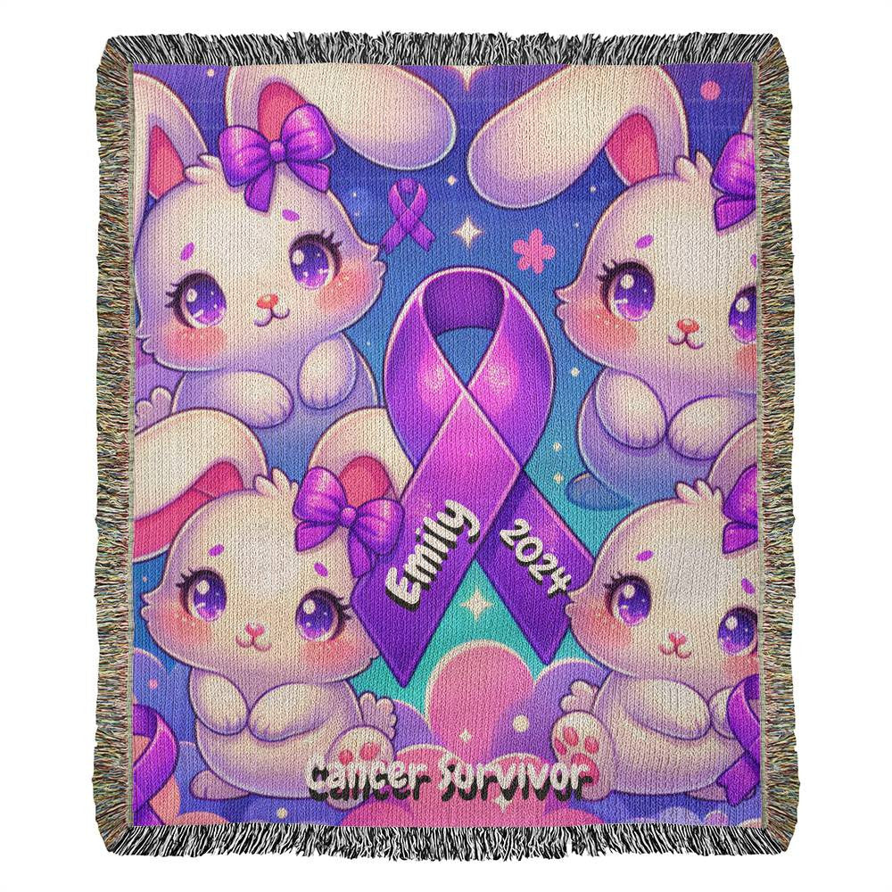 Bunnies-Cancer Survivor- Purple Ribbon-Personalized Heirloom Woven Blanket