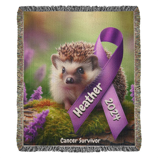 Hedgehog With Ribbon-Cancer Survivor- Purple Ribbon-Personalized Heirloom Woven Blanket