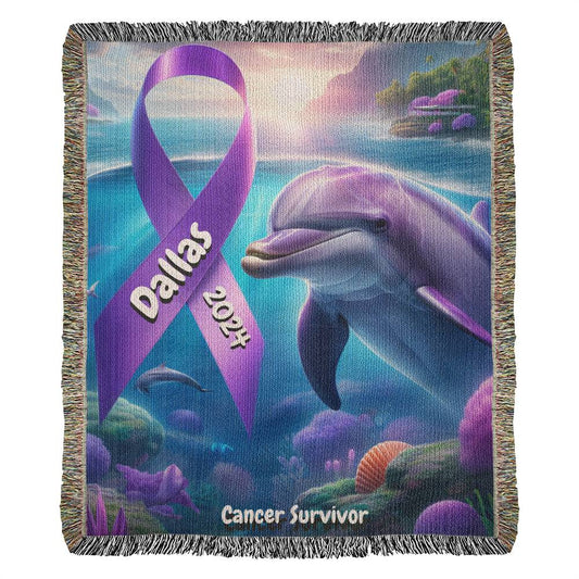 Dolphin With Ribbon-Cancer Survivor- Purple Ribbon-Personalized Heirloom Woven Blanket