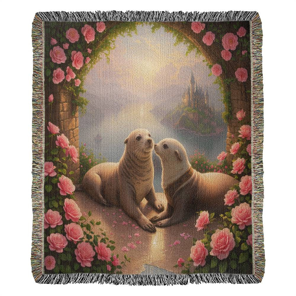 Seals Under Pink Roses Arch - Valentine's Day Gift - Heirloom Woven Blanket