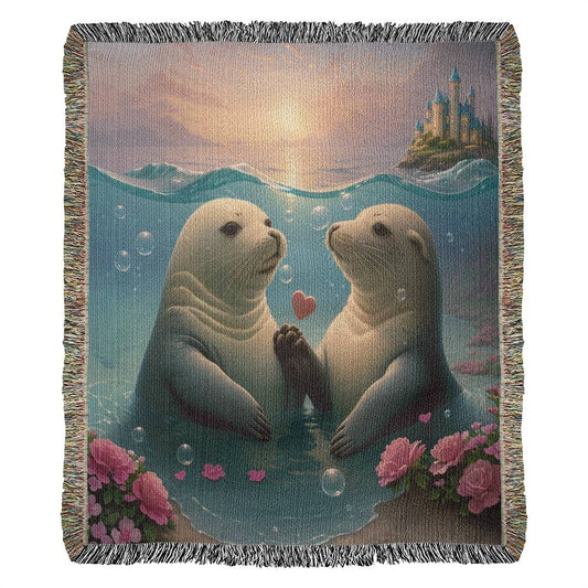 Seals Under The Sea With Roses - Valentine's Day Gift - Heirloom Woven Blanket