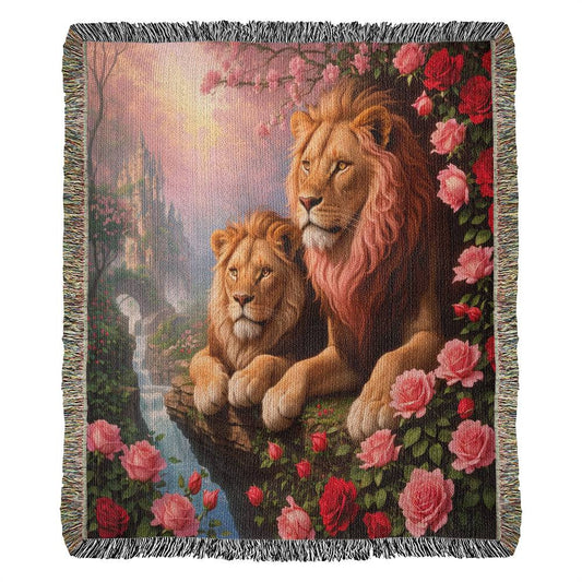 Lions Pink And Red Roses-Valentine's Day Gift - Heirloom Woven Blanket