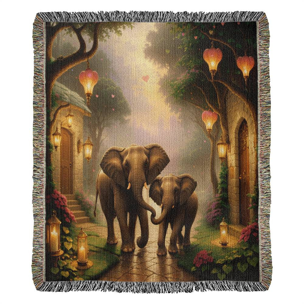 Elephants Take a Candle Lit Latern Stroll - Valentine's Day Gift - Heirloom Woven Blanket