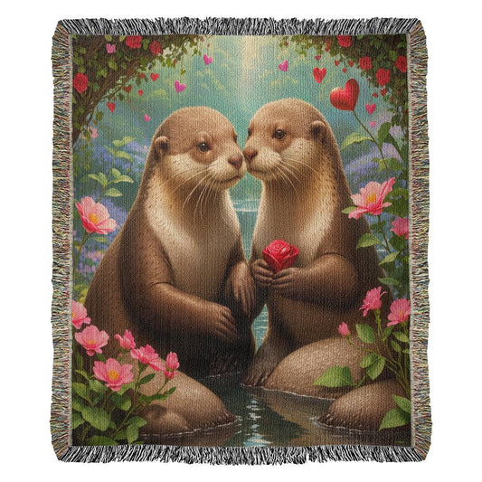 Otters In Love Red Rose - Valentine's Day Gift - Heirloom Woven Blanket