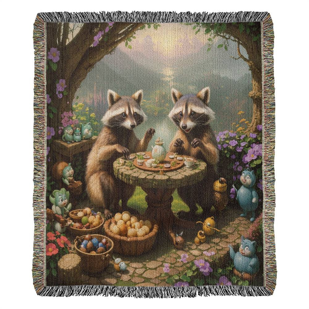 Racoons Enjoy A Meal Together - Heirloom Woven Blanket