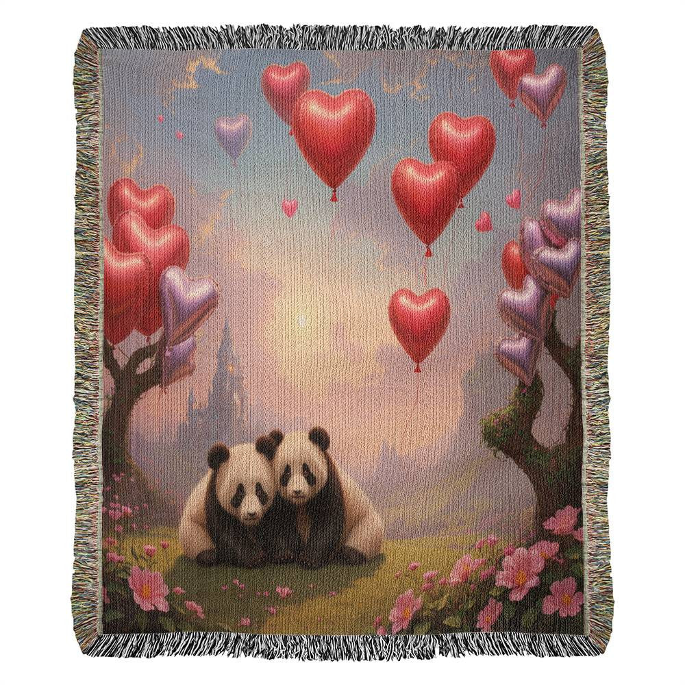 Pandas And Heart Balloons - Valentine's Day Gift - Heirloom Woven Blanket