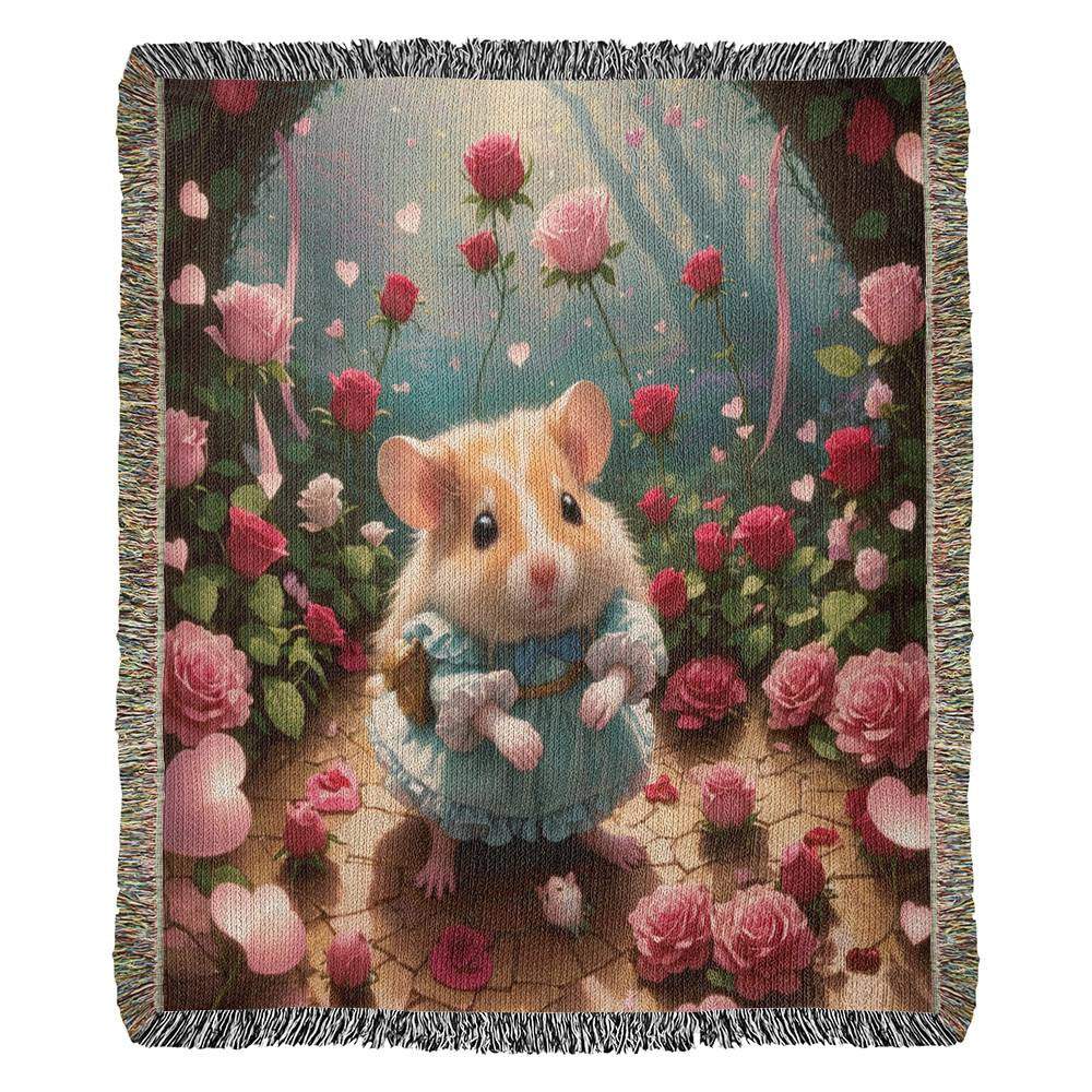 Hamster Awaits Her Date Surrounded By Roses - Valentine's Day Gift - Heirloom Woven Blanket