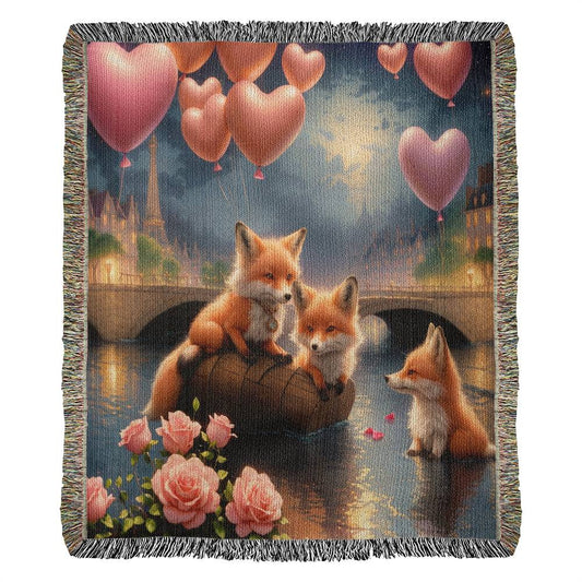 Foxes Enjoy A River Stroll Swim - Valentine's Day Gift - Heirloom Woven Blanket