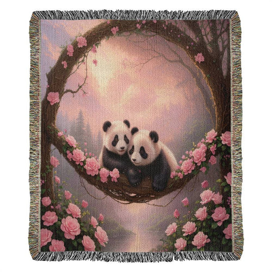 Pandas And Pink Roses - Valentine's Day Gift - Heirloom Woven Blanket