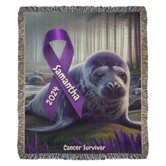 Seal With Ribbon-Cancer Survivor- Purple Ribbon-Personalized Heirloom Woven Blanket