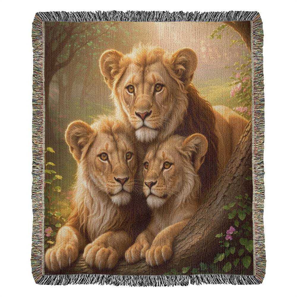 A Family Of Lions In A Garden Valley - Heirloom Woven Blanket