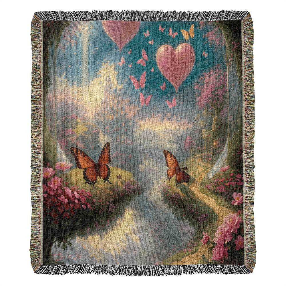 Butterflies Fly With Heart Balloons - Valentine's Day Gift - Heirloom Woven Blanket
