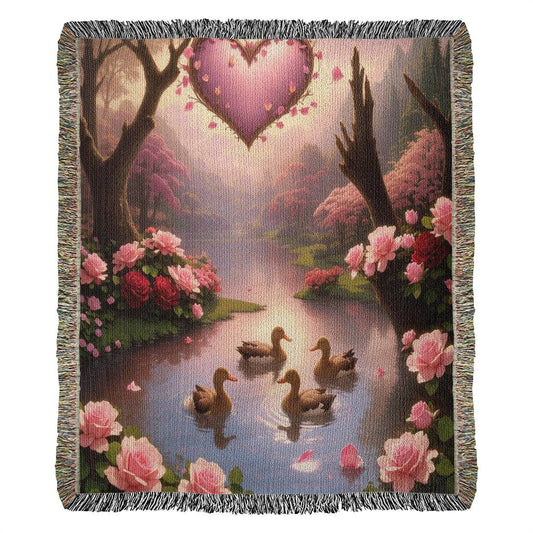 Ducks-Pink Roses Pond-Valentine's Day Gift Heirloom Woven Blanket