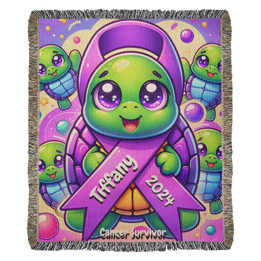 Turtles-Cancer Survivor- Purple Ribbon-Personalized Heirloom Woven Blanket