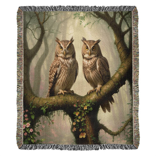 Owls On A Tree Branch - Heirloom Woven Blanket