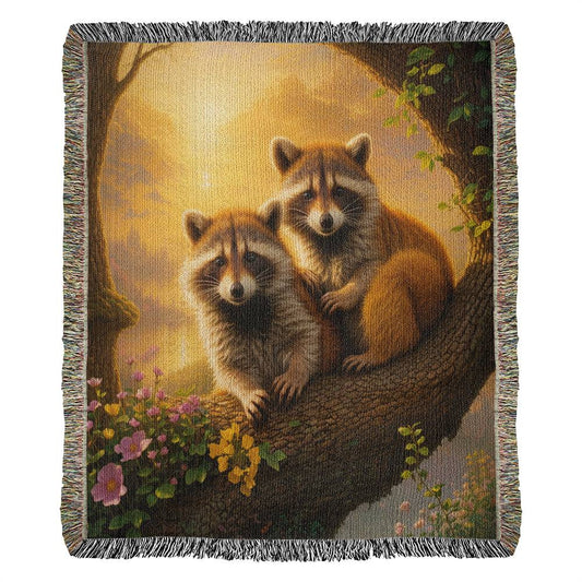 Racoons In A Tree Under A Sunset - Heirloom Woven Blanket