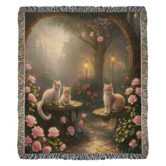 Kittens and Pink Rose Garden With Lights - Valentine's Day Gift - Heirloom Woven Blanket