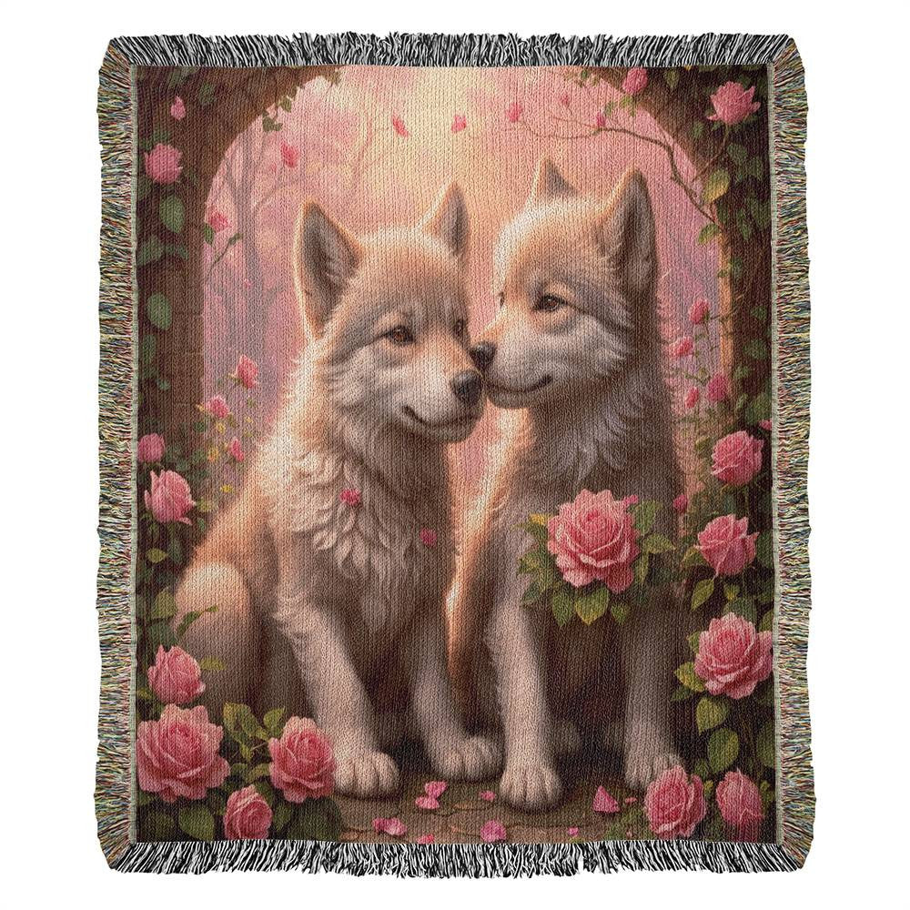 Young Wolves With Pink Roses - Valentine's Day Gift - Heirloom Woven Blanket