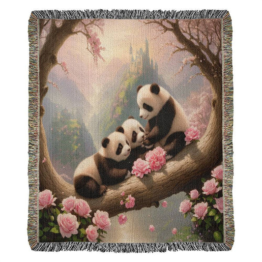 Pandas On Tree With Pink Roses -Castle Background - Valentine's Day Gift - Heirloom Woven Blanket