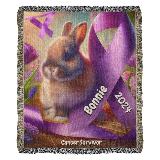 Bunny With Ribbon-Cancer Survivor- Purple Ribbon-Personalized Heirloom Woven Blanket