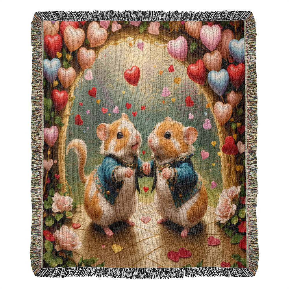 Hamsters Dance Under Heart Balloons- Valentine's Day Gift - Heirloom Woven Blanket