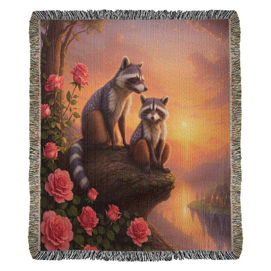 Racoons And Pink Roses Sunset - Valentine's Day Gift - Heirloom Woven Blanket