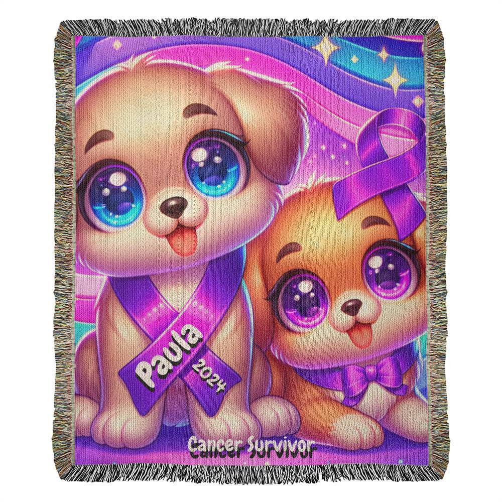 Puppies-Cancer Survivor- Purple Ribbon-Personalized Heirloom Woven Blanket